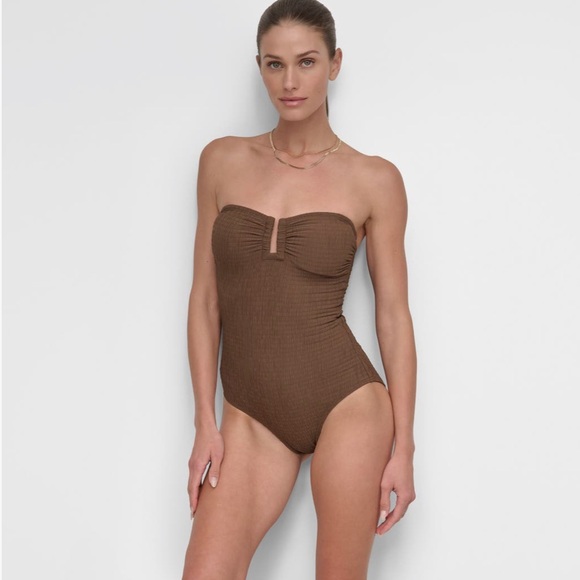 DKNY Bandeau Shirred One-Piece Brown Swimsuit NWOT - Picture 3 of 11